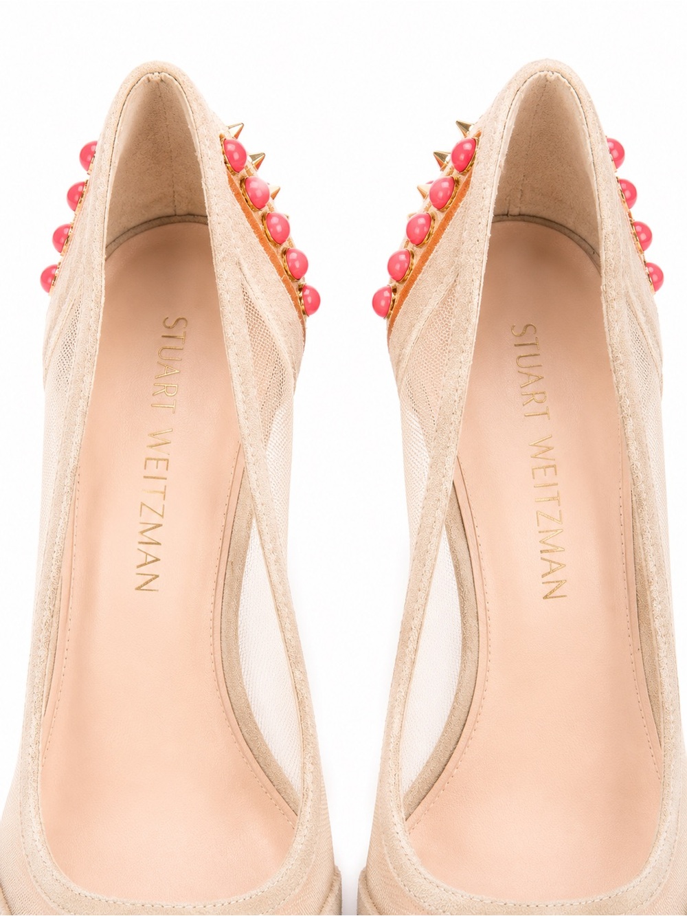 Stuart Weitzman Mesh Studded Pumps Coral Pink Embellished Pointed Toe Heels 36EU - Picture 5 of 9